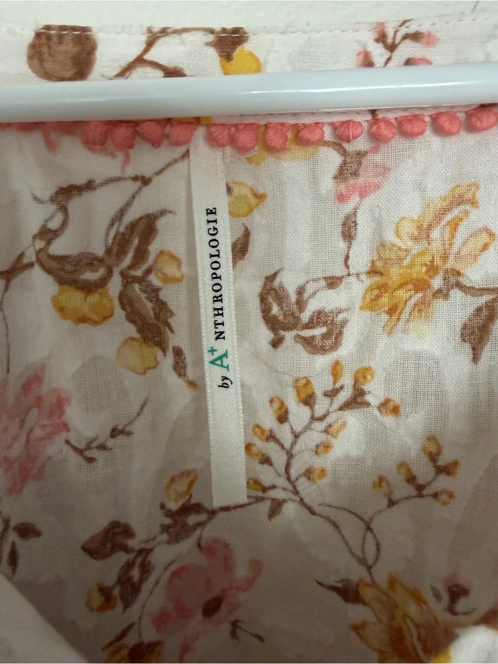 Anthropologie Lace-Trim Puff Sleeve Blouse - White with Pink & yellow Floral